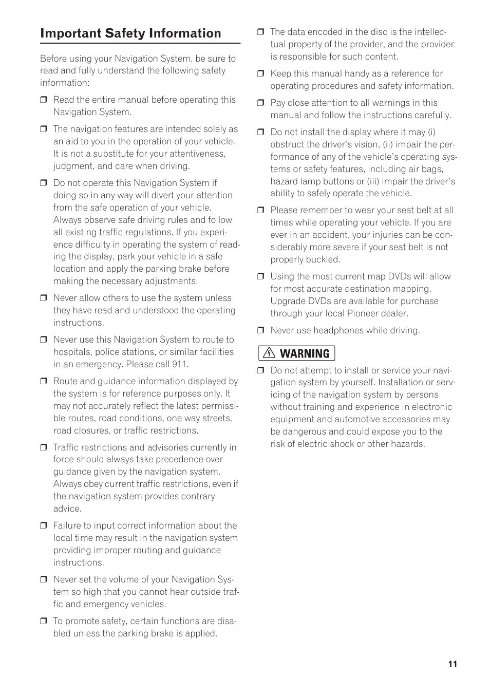 Important safety information | Pioneer CNDV-40R User Manual | Page 13 / 120