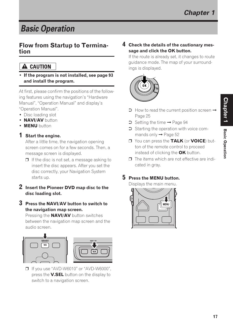 Chapter 1, Basic operation, Flow from startup to termination | Flow from startup to termina- tion | Pioneer CNDV-40R User Manual | Page 19 / 120