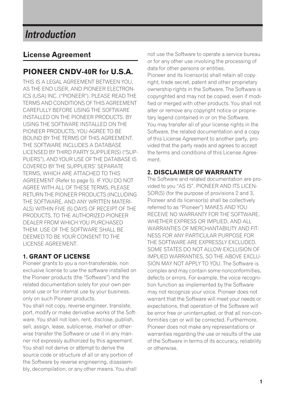 Introduction, License agreement pioneer cndv-40r for u.s.a | Pioneer CNDV-40R User Manual | Page 3 / 120