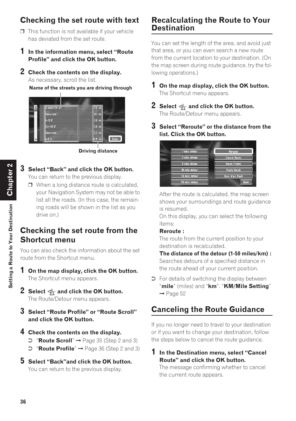 Checking the set route with text, Checking the set route from the shortcut, Menu | Recalculating the route to your destination, Canceling the route guidance, Checking the set route from the shortcut menu | Pioneer CNDV-40R User Manual | Page 38 / 120