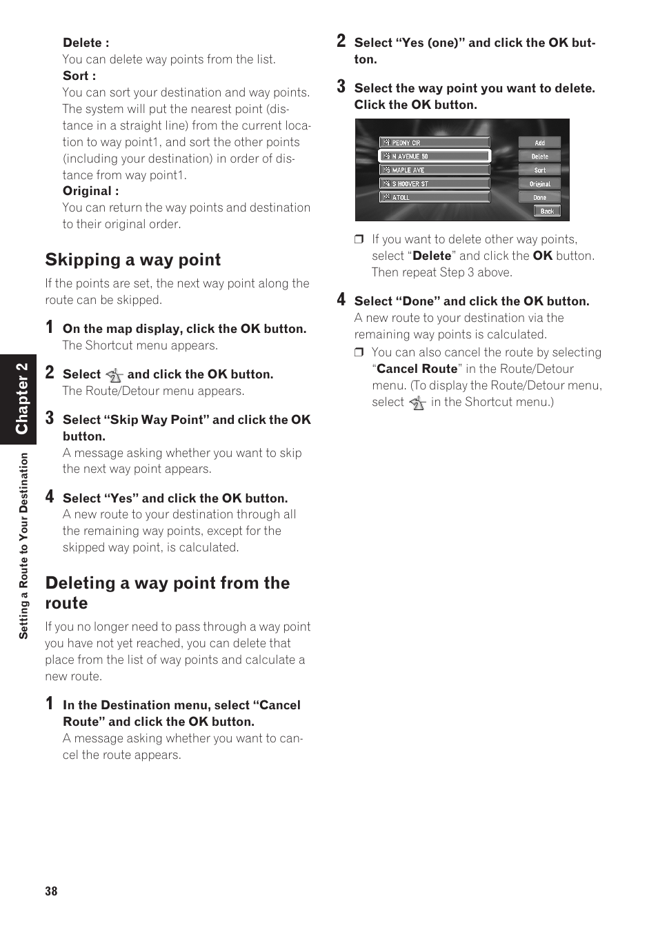 Skipping a way point, Deleting a way point from the route | Pioneer CNDV-40R User Manual | Page 40 / 120