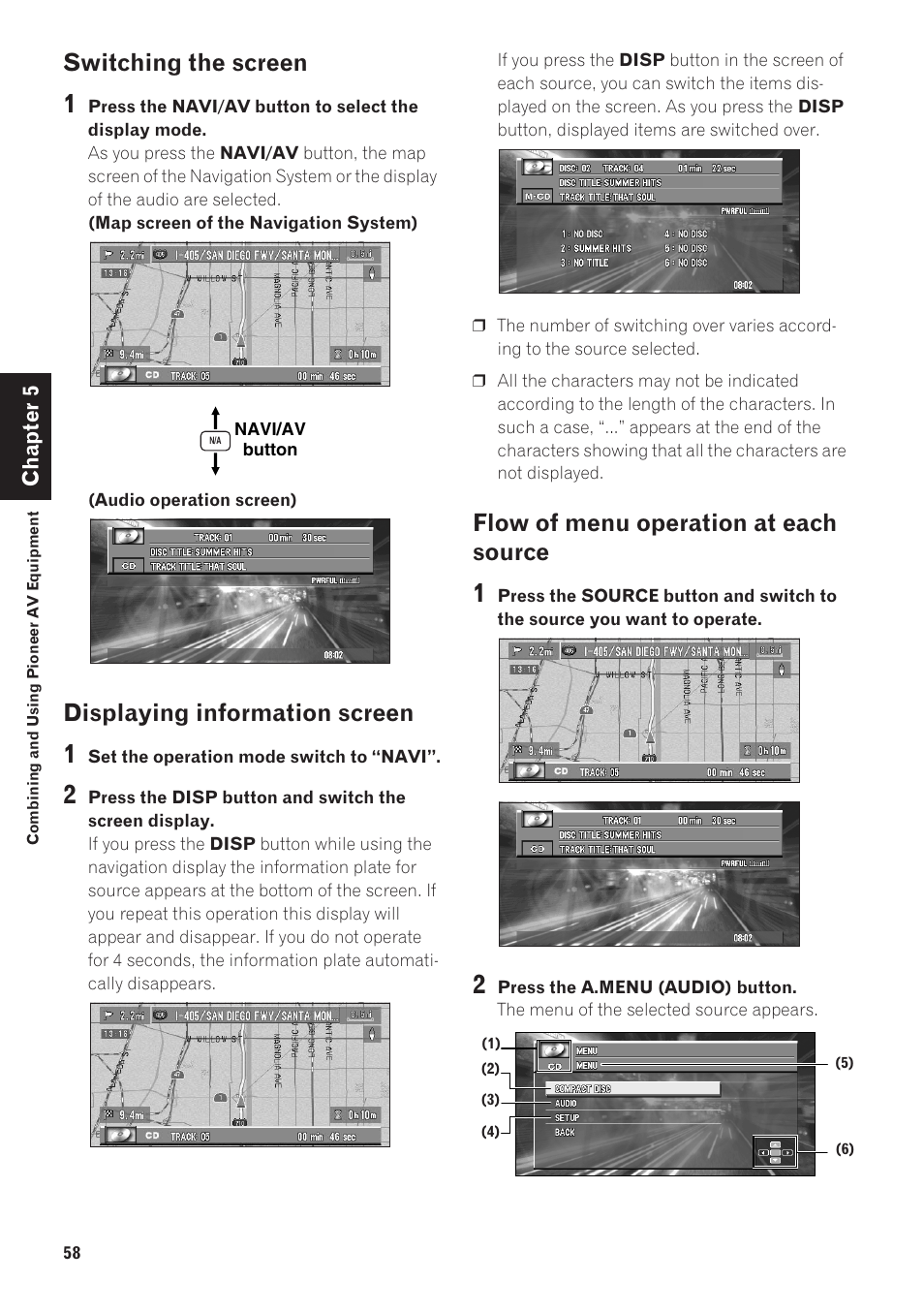 Switching the screen, Displaying information screen, Flow of menu operation at each source | Pioneer CNDV-40R User Manual | Page 60 / 120