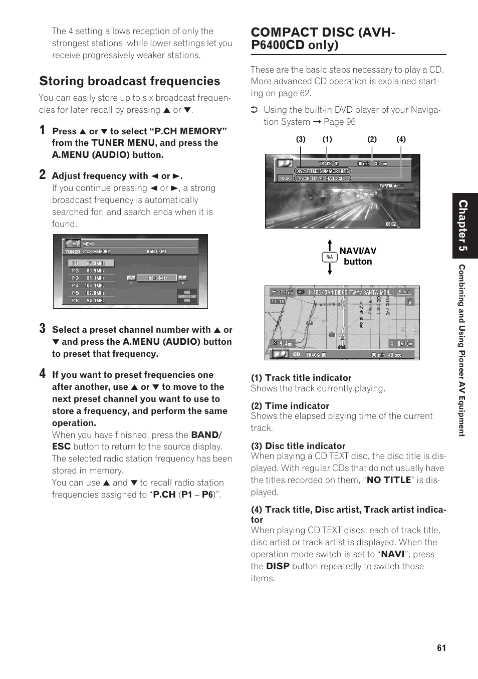 Storing broadcast frequencies 61, Compact disc (avh-p6400cd only) 61, Storing broadcast frequencies | Compact disc (avh- p6400cd only) | Pioneer CNDV-40R User Manual | Page 63 / 120