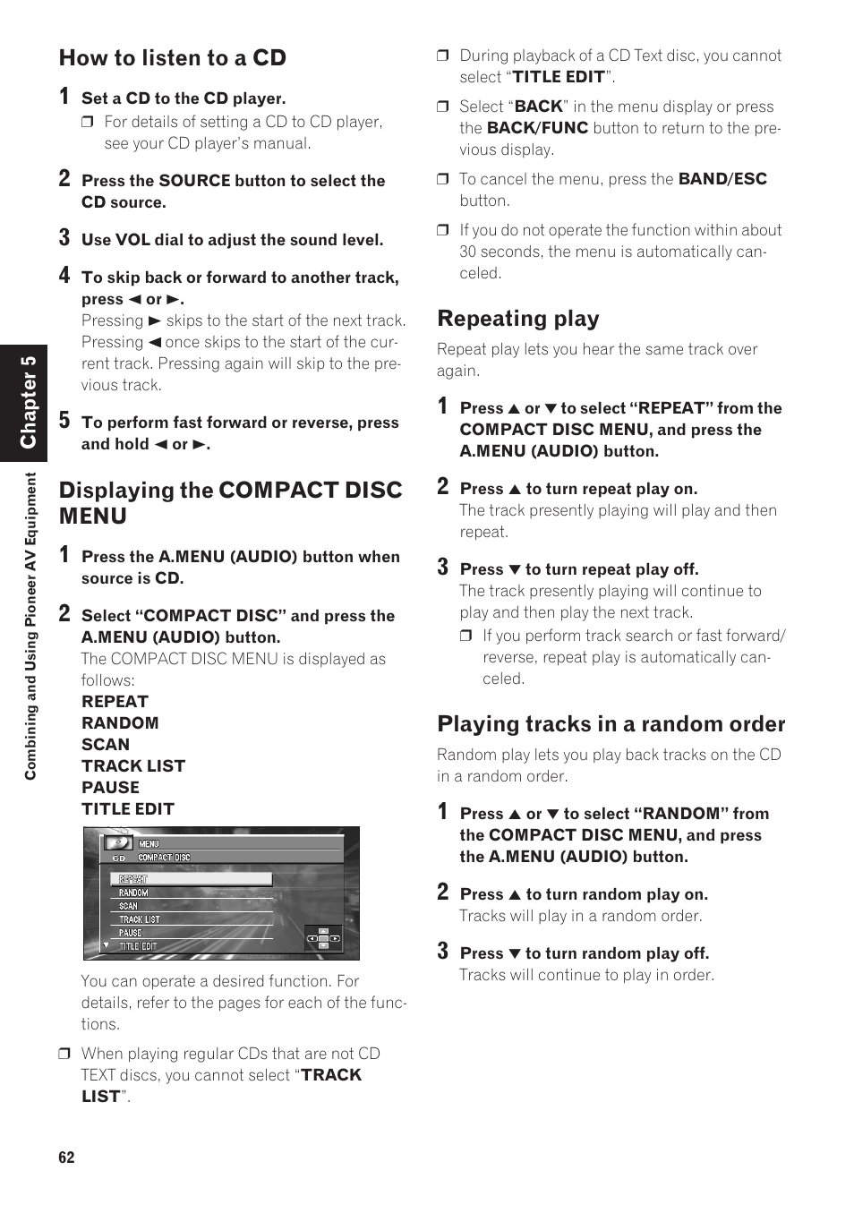 How to listen to a cd, Displaying the compact disc menu 62 repeating play, Playing tracks in a random order | Displaying the compact disc menu, Repeating play | Pioneer CNDV-40R User Manual | Page 64 / 120
