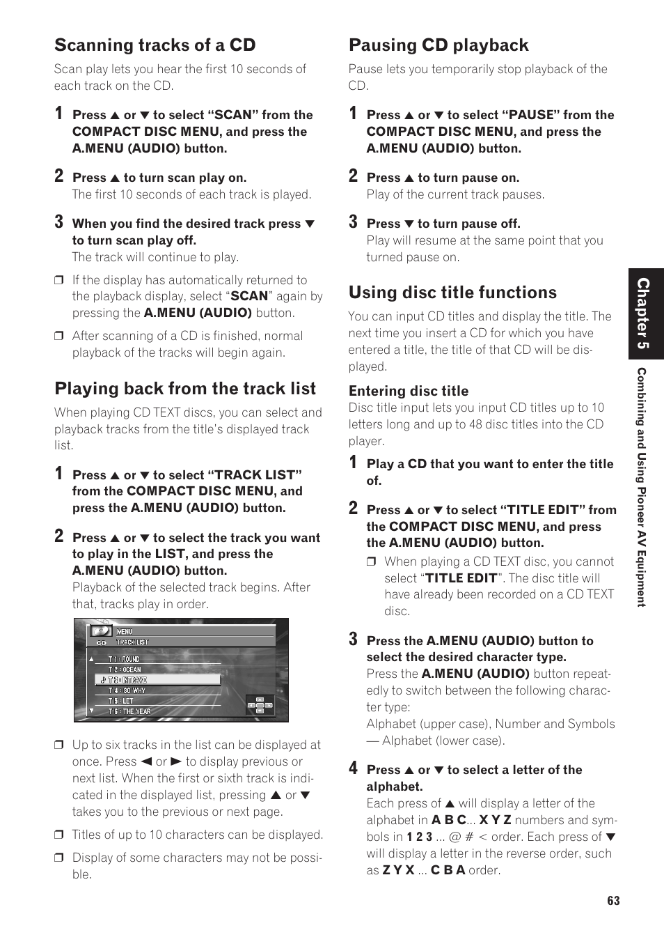 Scanning tracks of a cd, Playing back from the track list, Pausing cd playback | Using disc title functions | Pioneer CNDV-40R User Manual | Page 65 / 120