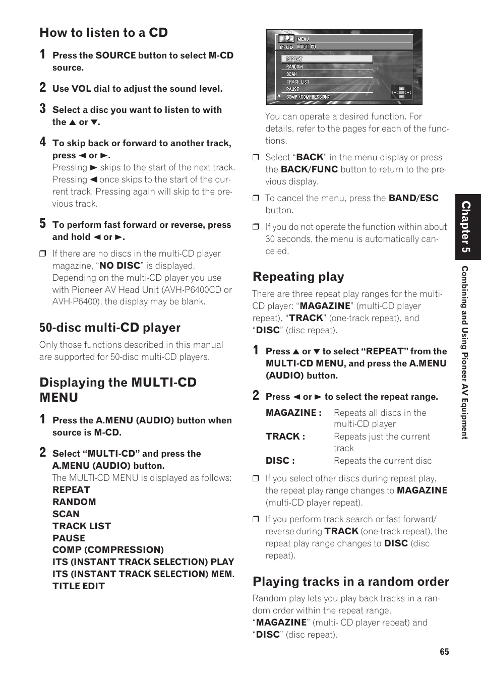 How to listen to a cd, Disc multi-cd player, Displaying the multi-cd menu 65 repeating play | Playing tracks in a random order, Displaying the multi-cd menu, Repeating play | Pioneer CNDV-40R User Manual | Page 67 / 120