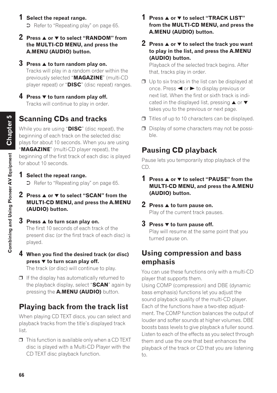 Scanning cds and tracks, Playing back from the track list, Pausing cd playback | Using compression and bass emphasis 66, Using compression and bass emphasis | Pioneer CNDV-40R User Manual | Page 68 / 120