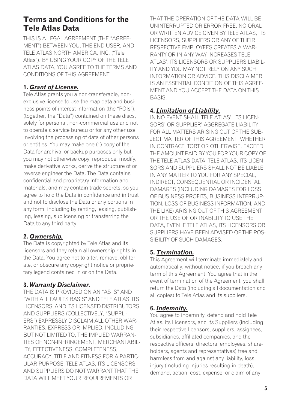 Terms and conditions for the tele atlas data | Pioneer CNDV-40R User Manual | Page 7 / 120