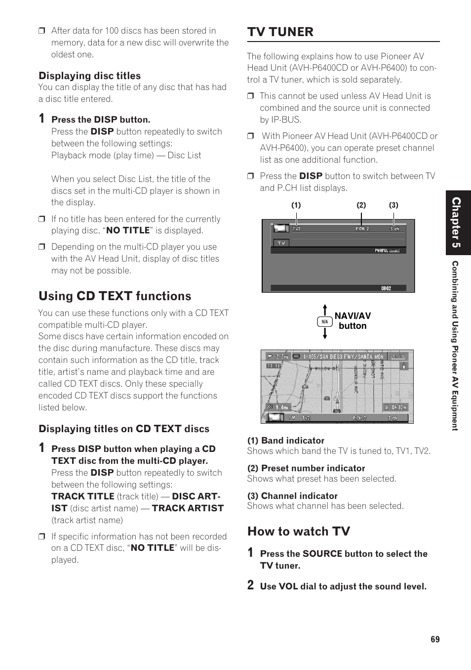 Using cd text functions 69, Tv tuner, How to watch tv 69 | Using cd text functions, How to watch tv, Chapter 5 | Pioneer CNDV-40R User Manual | Page 71 / 120