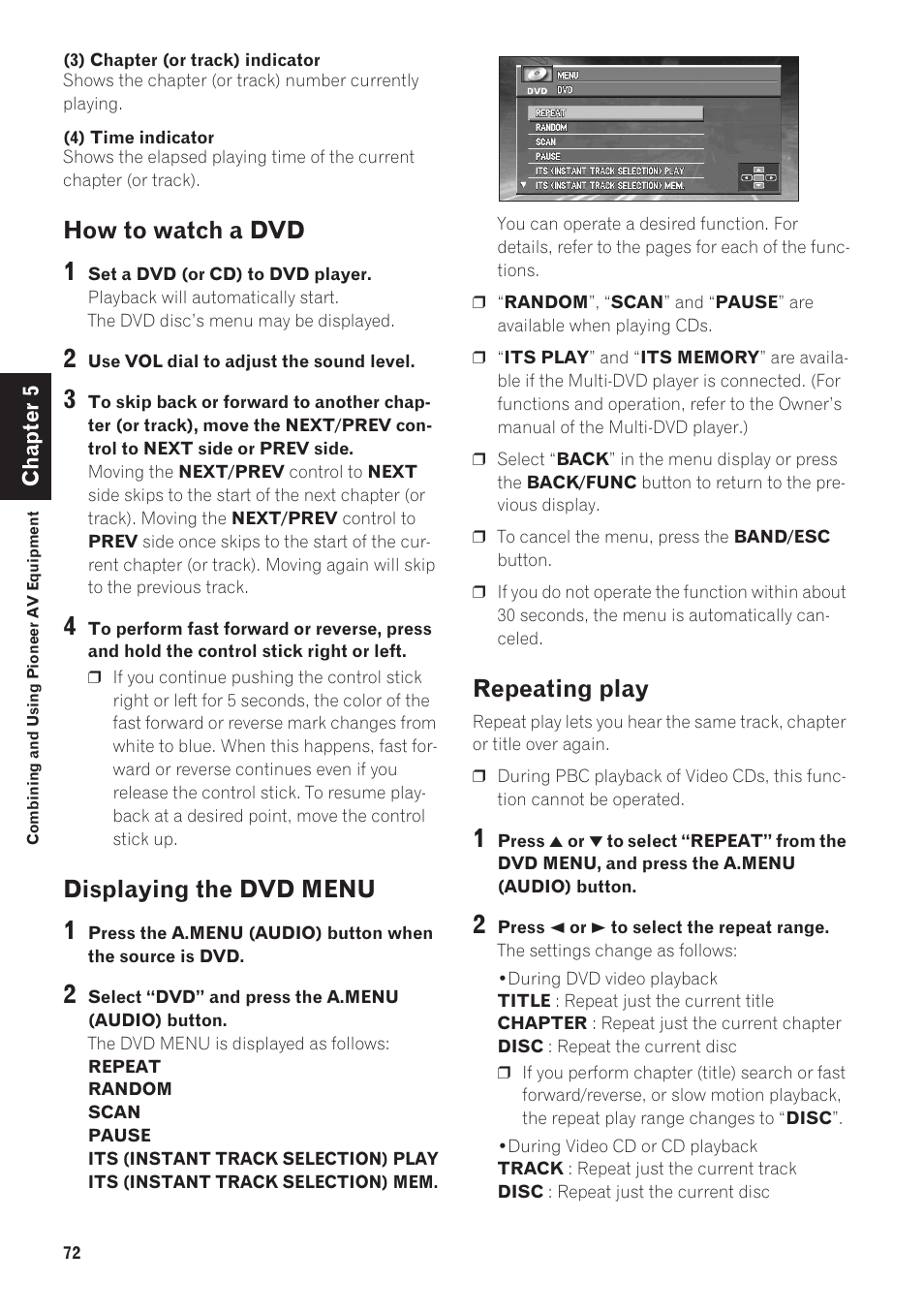 How to watch a dvd, Displaying the dvd menu, Repeating play | Pioneer CNDV-40R User Manual | Page 74 / 120