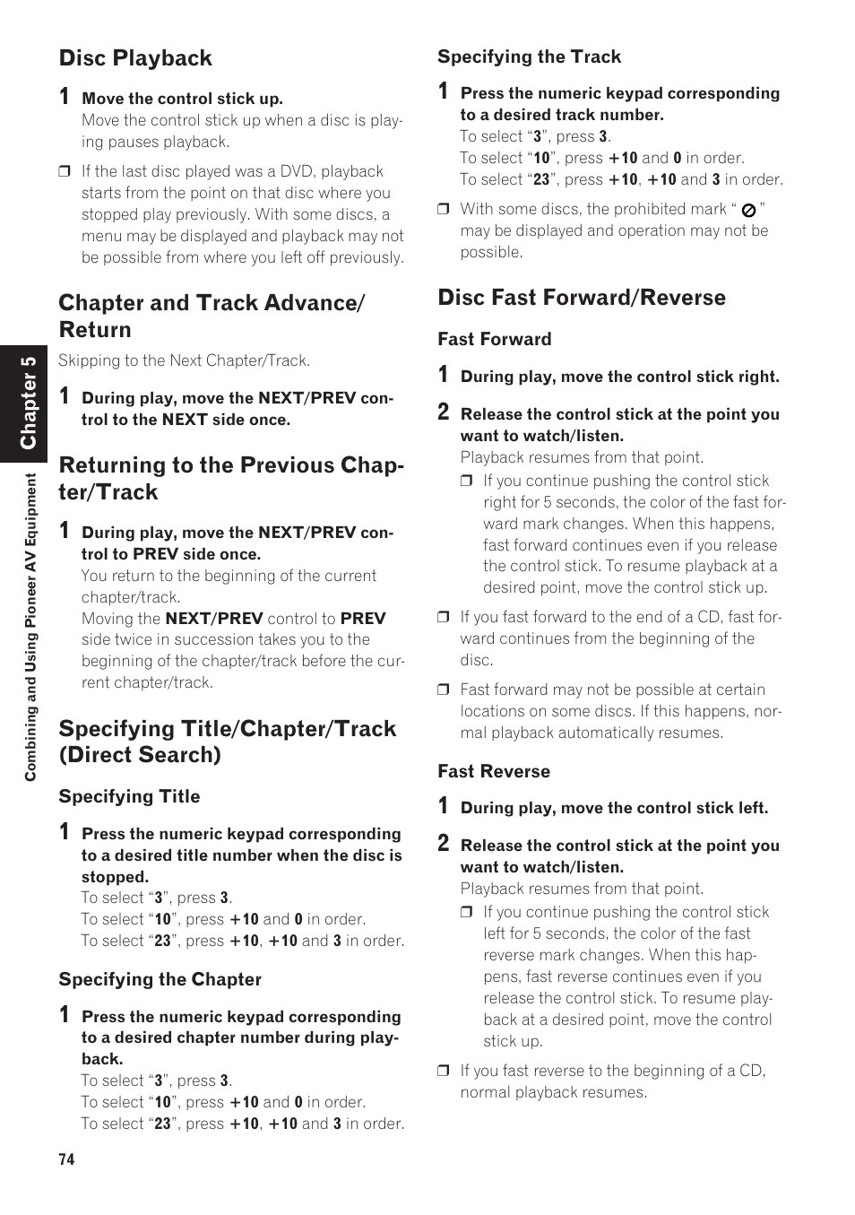 Disc playback, Specifying title/chapter/track (direct, Search) | Disc fast forward/reverse 74, Chapter and track advance/ return, Returning to the previous chap- ter/track, Specifying title/chapter/track (direct search), Disc fast forward/reverse | Pioneer CNDV-40R User Manual | Page 76 / 120