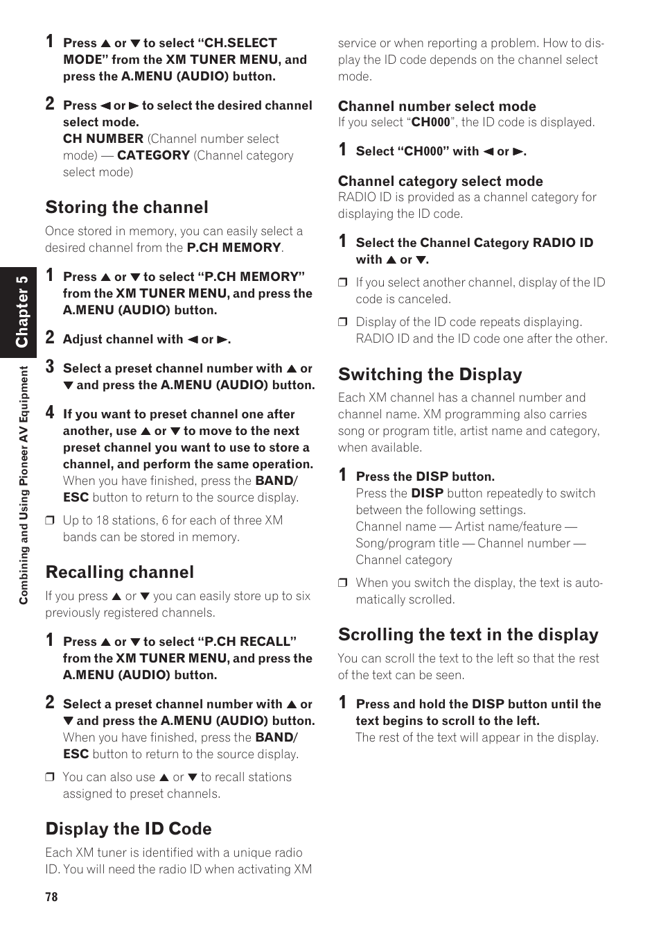 Storing the channel, Recalling channel, Display the id code | Switching the display, Scrolling the text in the display | Pioneer CNDV-40R User Manual | Page 80 / 120