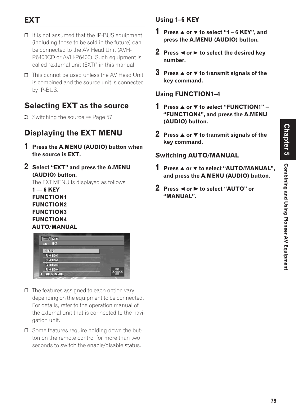 Ext 79, Selecting ext as the source, Displaying the ext menu | Pioneer CNDV-40R User Manual | Page 81 / 120