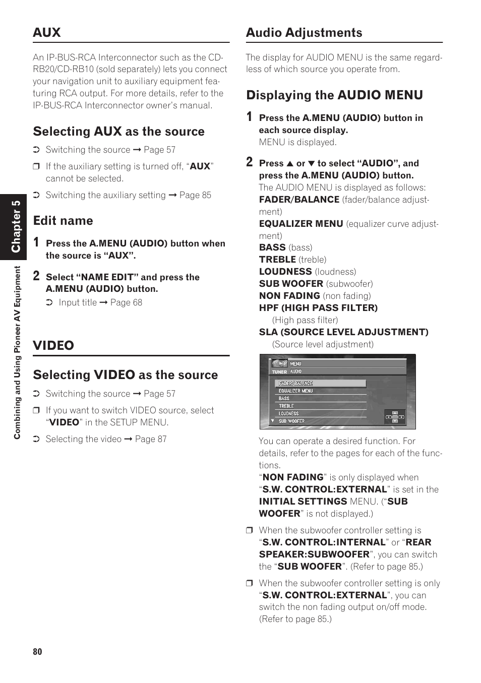 Aux 80, Selecting aux as the source, Edit name 80 | Video, Selecting video as the source 80, Audio adjustments, Displaying the audio menu 80, Edit name, Video selecting video as the source, Displaying the audio menu | Pioneer CNDV-40R User Manual | Page 82 / 120