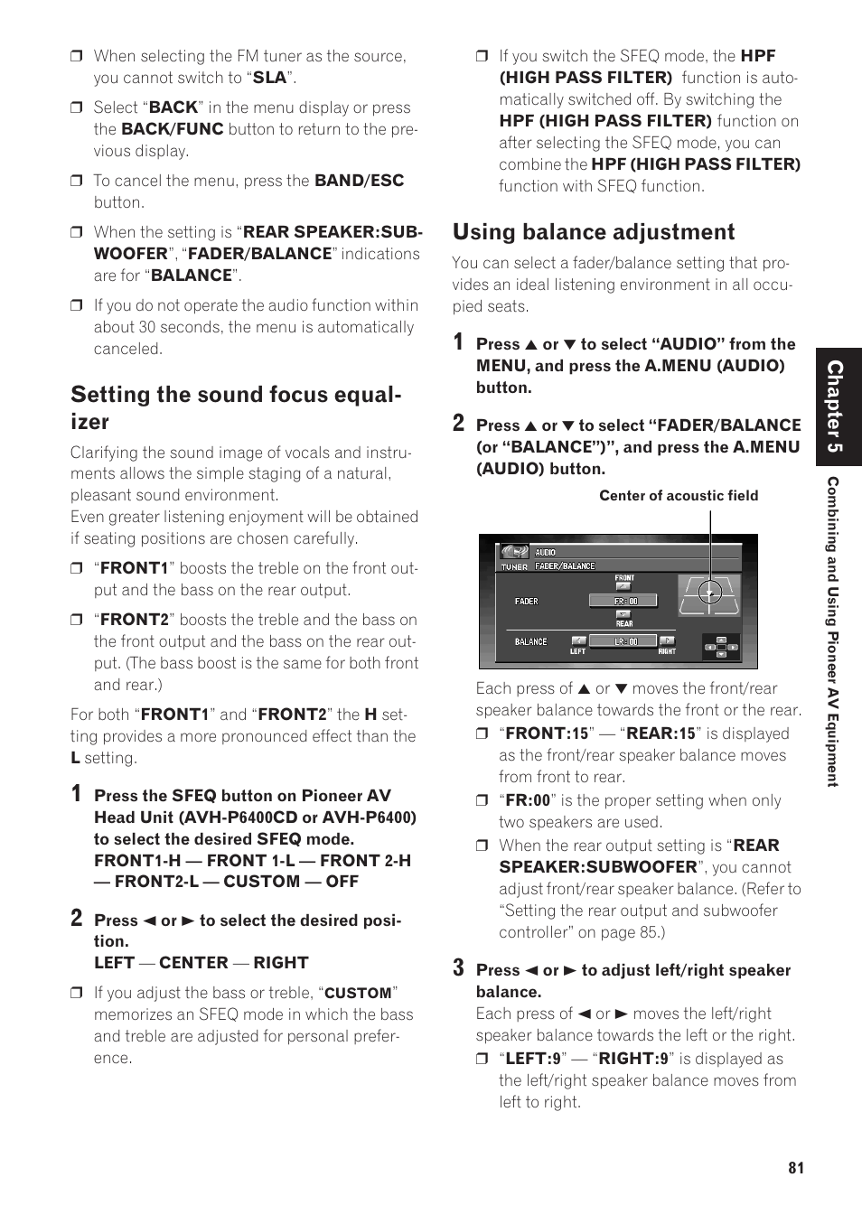 Setting the sound focus equalizer, Using balance adjustment, Setting the sound focus equal- izer | Pioneer CNDV-40R User Manual | Page 83 / 120