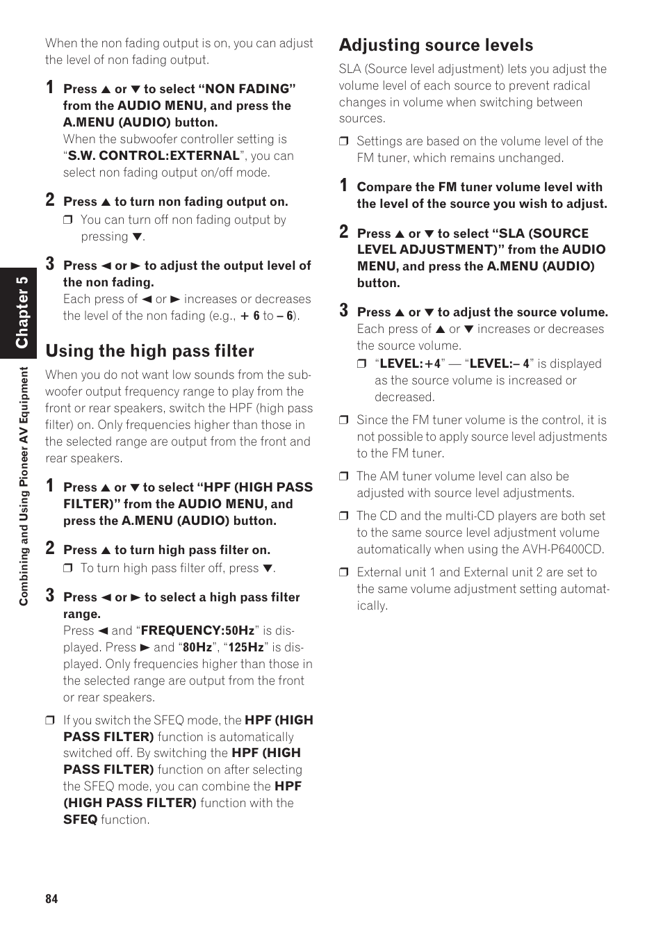 Using the high pass filter, Adjusting source levels | Pioneer CNDV-40R User Manual | Page 86 / 120