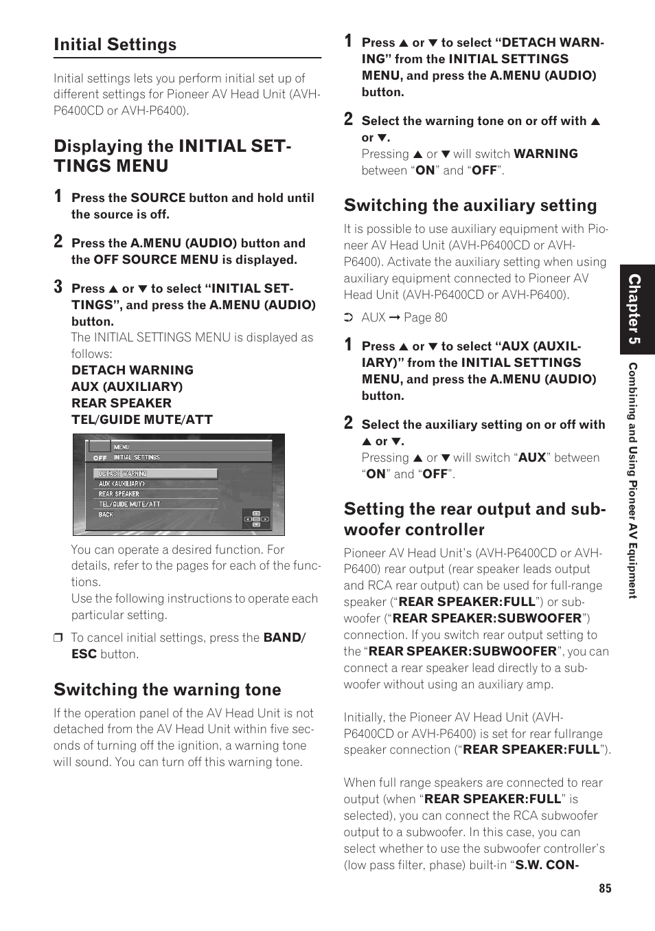Initial settings, Controller 85, Displaying the initial set- tings menu | Switching the warning tone, Switching the auxiliary setting, Setting the rear output and sub- woofer controller | Pioneer CNDV-40R User Manual | Page 87 / 120