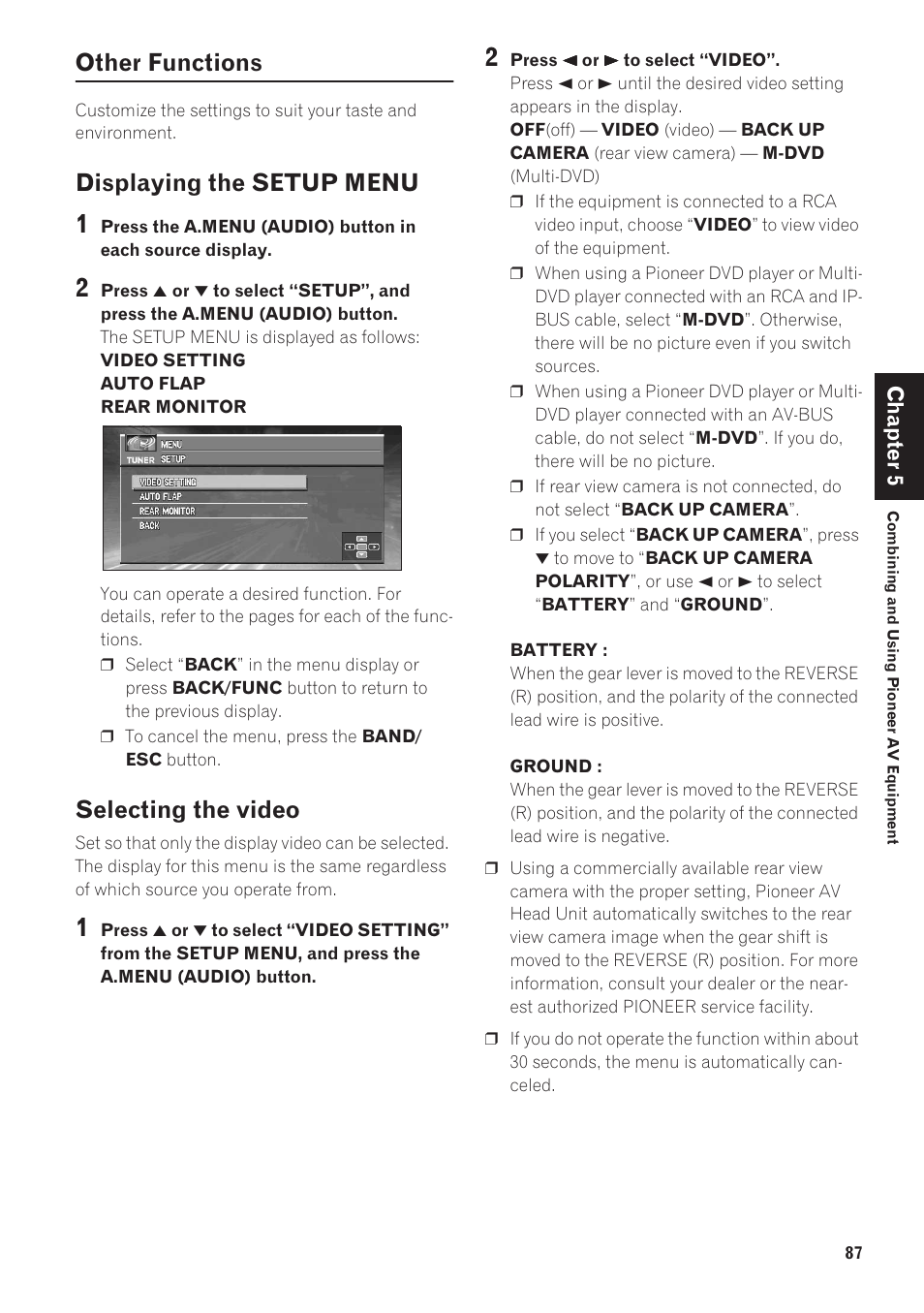 Other functions, Displaying the setup menu 87 selecting the video, Displaying the setup menu | Selecting the video | Pioneer CNDV-40R User Manual | Page 89 / 120
