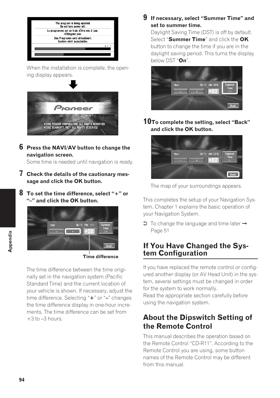 If you have changed the system, Configuration 94, About the dipswitch setting of the remote | Control, If you have changed the, If you have changed the sys- tem configuration, About the dipswitch setting of the remote control | Pioneer CNDV-40R User Manual | Page 96 / 120