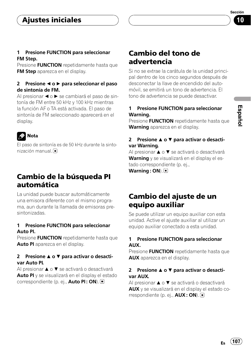 Cambio de la búsqueda pi automática 107, Cambio del tono de advertencia 107, Cambio del ajuste de un equipo | Auxiliar 107, Cambio de la búsqueda pi automática, Cambio del tono de advertencia, Cambio del ajuste de un equipo auxiliar, Ajustes iniciales | Pioneer DEH-P7500MP User Manual | Page 107 / 128