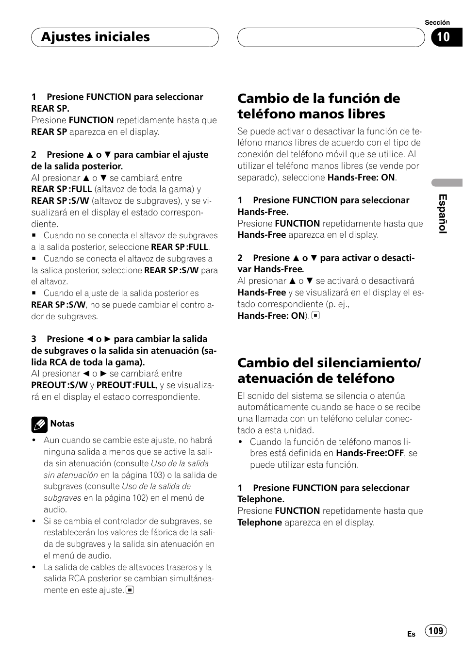 Cambio de la función de teléfono manos, Libres 109, Cambio del silenciamiento/atenuación de | Teléfono 109, Cambio de la función de teléfono manos libres, Cambio del silenciamiento/ atenuación de teléfono, Ajustes iniciales | Pioneer DEH-P7500MP User Manual | Page 109 / 128