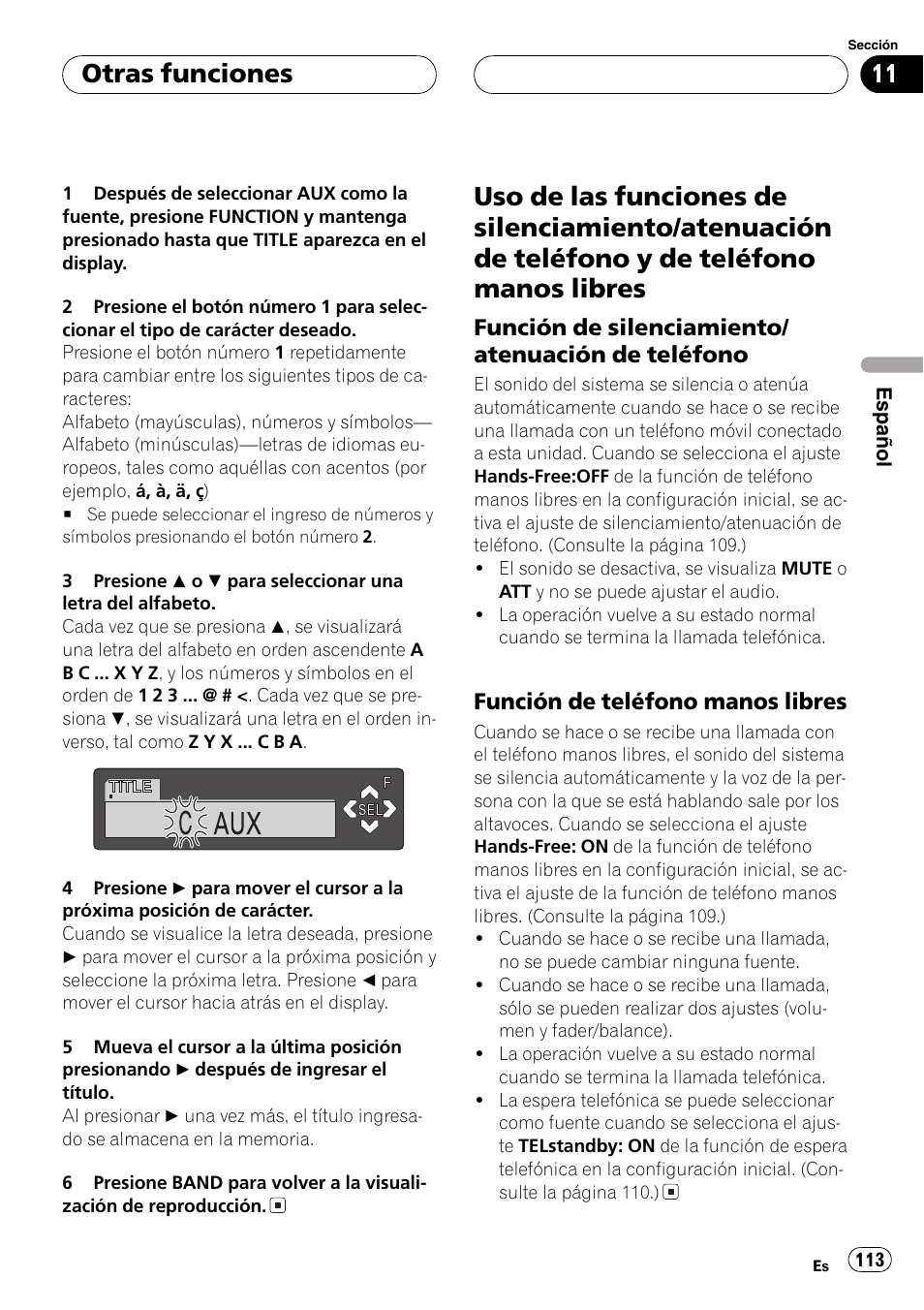 Uso de las funciones de silenciamiento, Atenuación de teléfono y de teléfono, Manos libres 113 | Función de silenciamiento/atenuación, De teléfono 113, Función de teléfono manos, Libres 113, Otras funciones | Pioneer DEH-P7500MP User Manual | Page 113 / 128