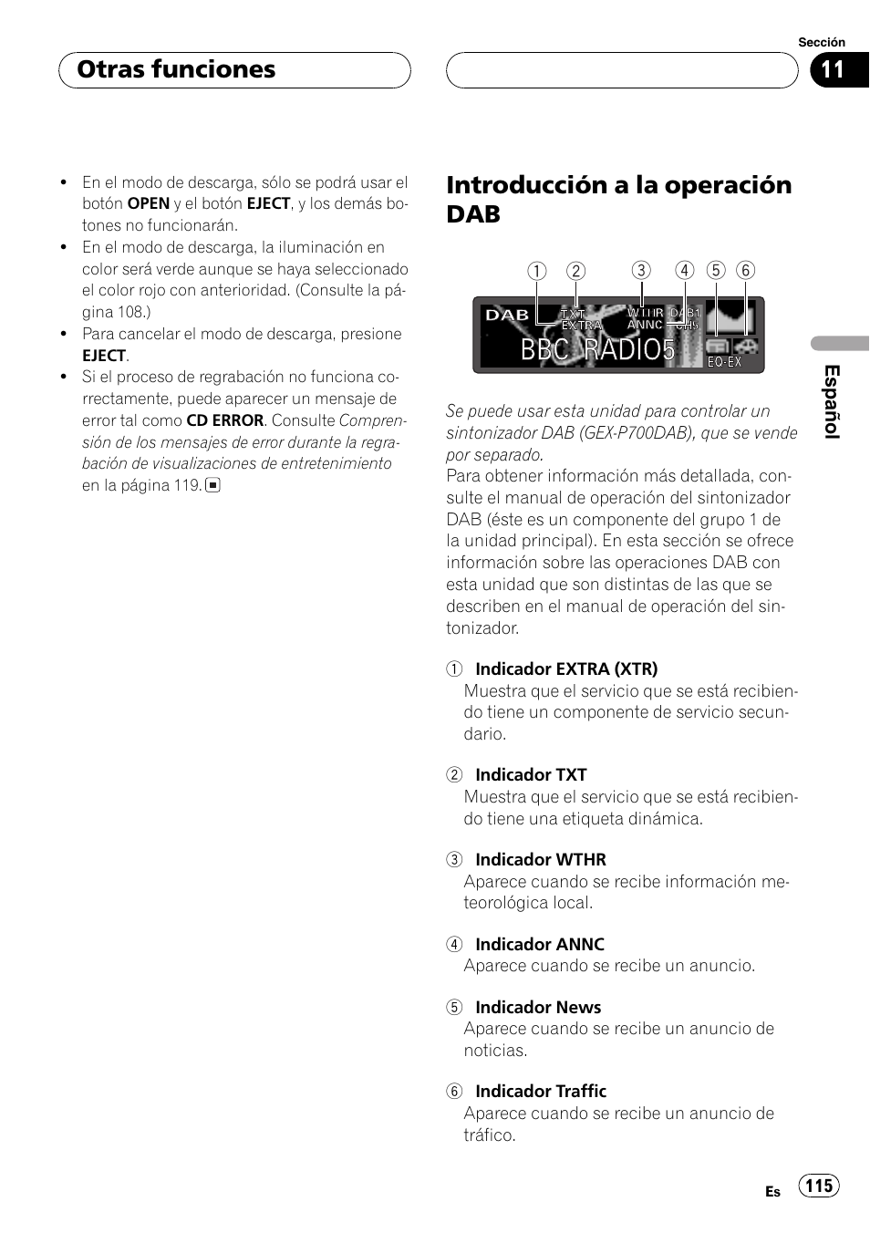 Introducción a la operación dab 115, Introducción a la operación dab, Otras funciones | Pioneer DEH-P7500MP User Manual | Page 115 / 128