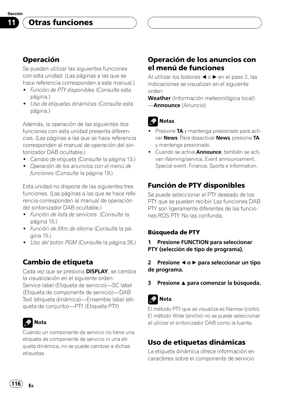 Operación 116, Cambio de etiqueta 116, Operación de los anuncios con el | Menú de funciones 116, Función de pty disponibles 116, Uso de etiquetas dinámicas 116, Otras funciones, Operación, Cambio de etiqueta, Operación de los anuncios con el menú de funciones | Pioneer DEH-P7500MP User Manual | Page 116 / 128