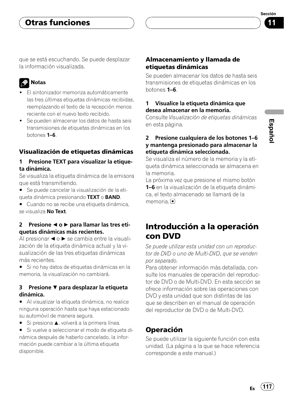 Introducción a la operación con dvd 117, Operación 117, Introducción a la operación con dvd | Otras funciones, Operación | Pioneer DEH-P7500MP User Manual | Page 117 / 128