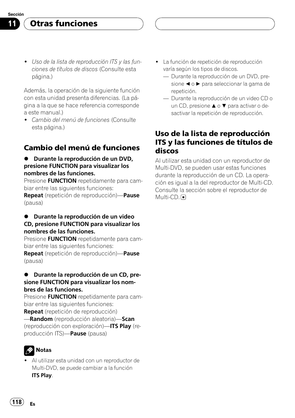 Cambio del menú de funciones 118, Uso de la lista de reproducción its y, Las funciones de títulos de discos 118 | Otras funciones, Cambio del menú de funciones | Pioneer DEH-P7500MP User Manual | Page 118 / 128