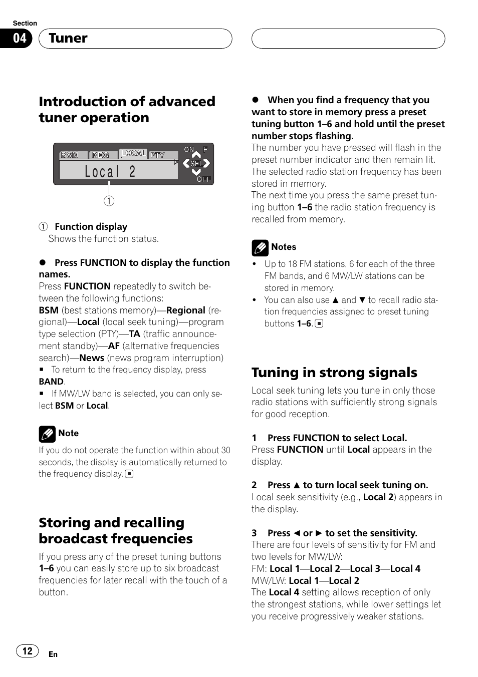 Introduction of advanced tuner, Operation 12, Storing and recalling broadcast | Frequencies 12, Tuning in strong signals 12, Introduction of advanced tuner operation, Storing and recalling broadcast frequencies, Tuning in strong signals, Tuner | Pioneer DEH-P7500MP User Manual | Page 12 / 128