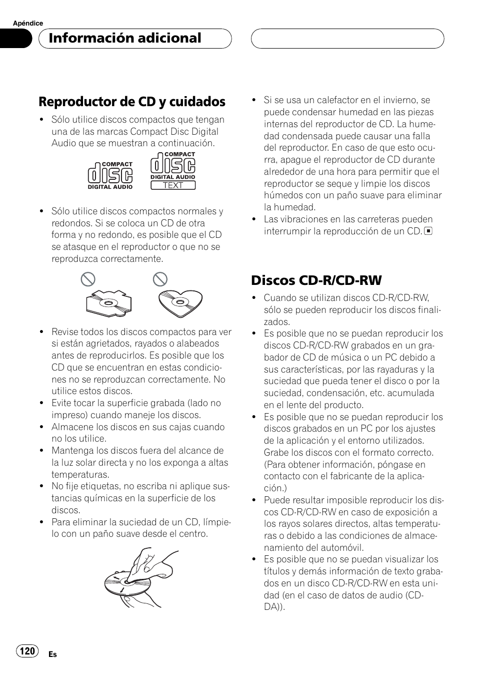 Reproductor de cd y cuidados 120, Discos cd-r/cd-rw 120, Reproductor de cd y cuidados | Discos cd-r/cd-rw, Información adicional | Pioneer DEH-P7500MP User Manual | Page 120 / 128