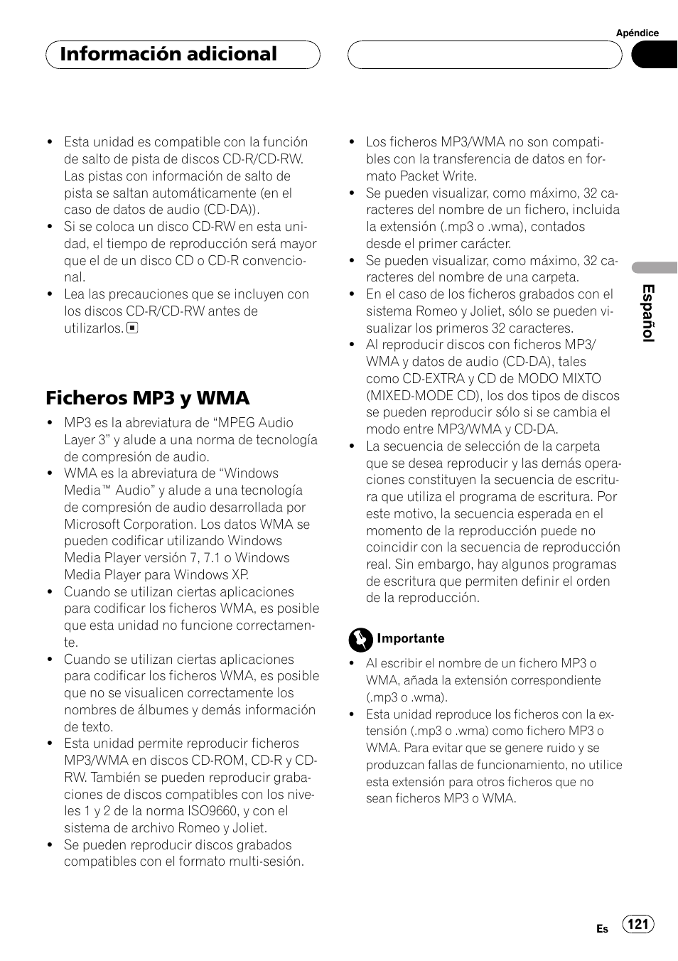 Ficheros mp3 y wma 121, Ficheros mp3 y wma, Información adicional | Pioneer DEH-P7500MP User Manual | Page 121 / 128