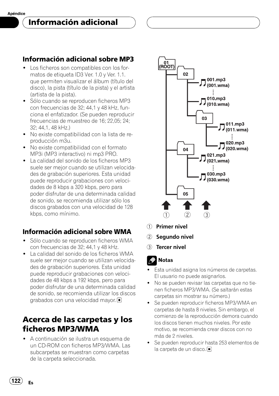 Información adicional sobre, Mp3 122, Wma 122 | Acerca de las carpetas y los ficheros mp3, Acerca de las carpetas y los ficheros mp3/wma, Información adicional, Información adicional sobre mp3, Información adicional sobre wma | Pioneer DEH-P7500MP User Manual | Page 122 / 128