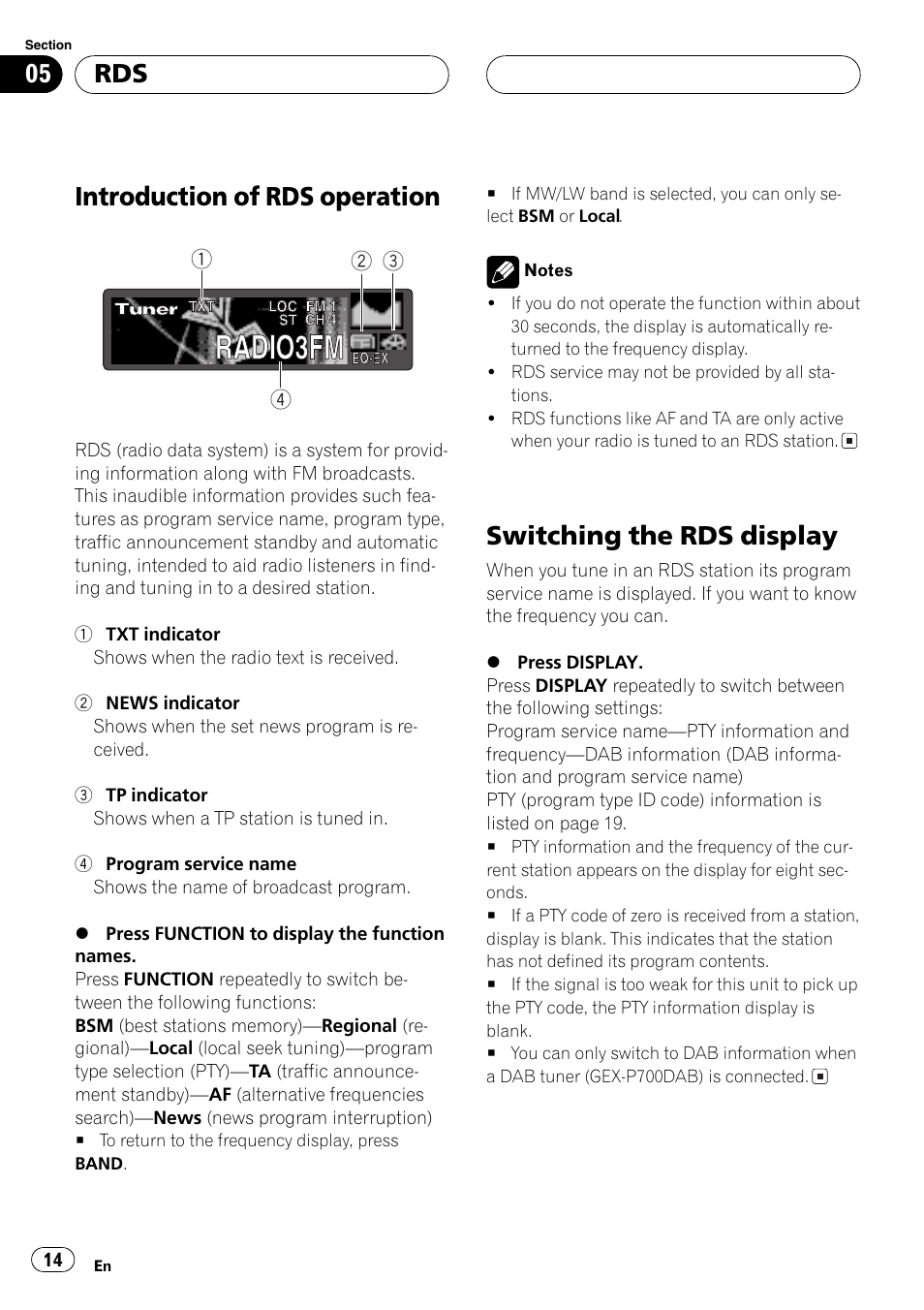 Introduction of rds operation, Switching the rds display | Pioneer DEH-P7500MP User Manual | Page 14 / 128