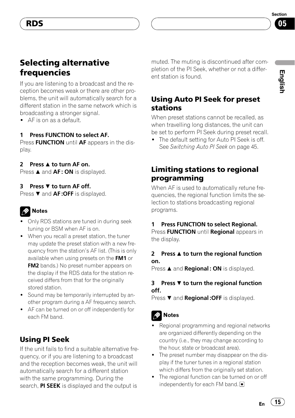 Selecting alternative frequencies 15, Using pi seek 15, Using auto pi seek for preset | Stations 15, Limiting stations to regional, Programming 15, Selecting alternative frequencies, Using pi seek, Using auto pi seek for preset stations, Limiting stations to regional programming | Pioneer DEH-P7500MP User Manual | Page 15 / 128