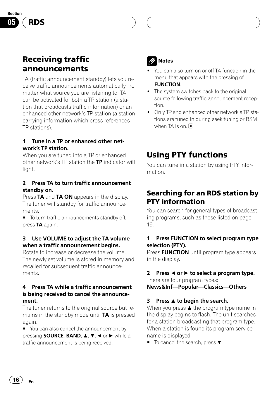 Searching for an rds station by pty, Information 16, Receiving traffic announcements | Using pty functions, Searching for an rds station by pty information | Pioneer DEH-P7500MP User Manual | Page 16 / 128