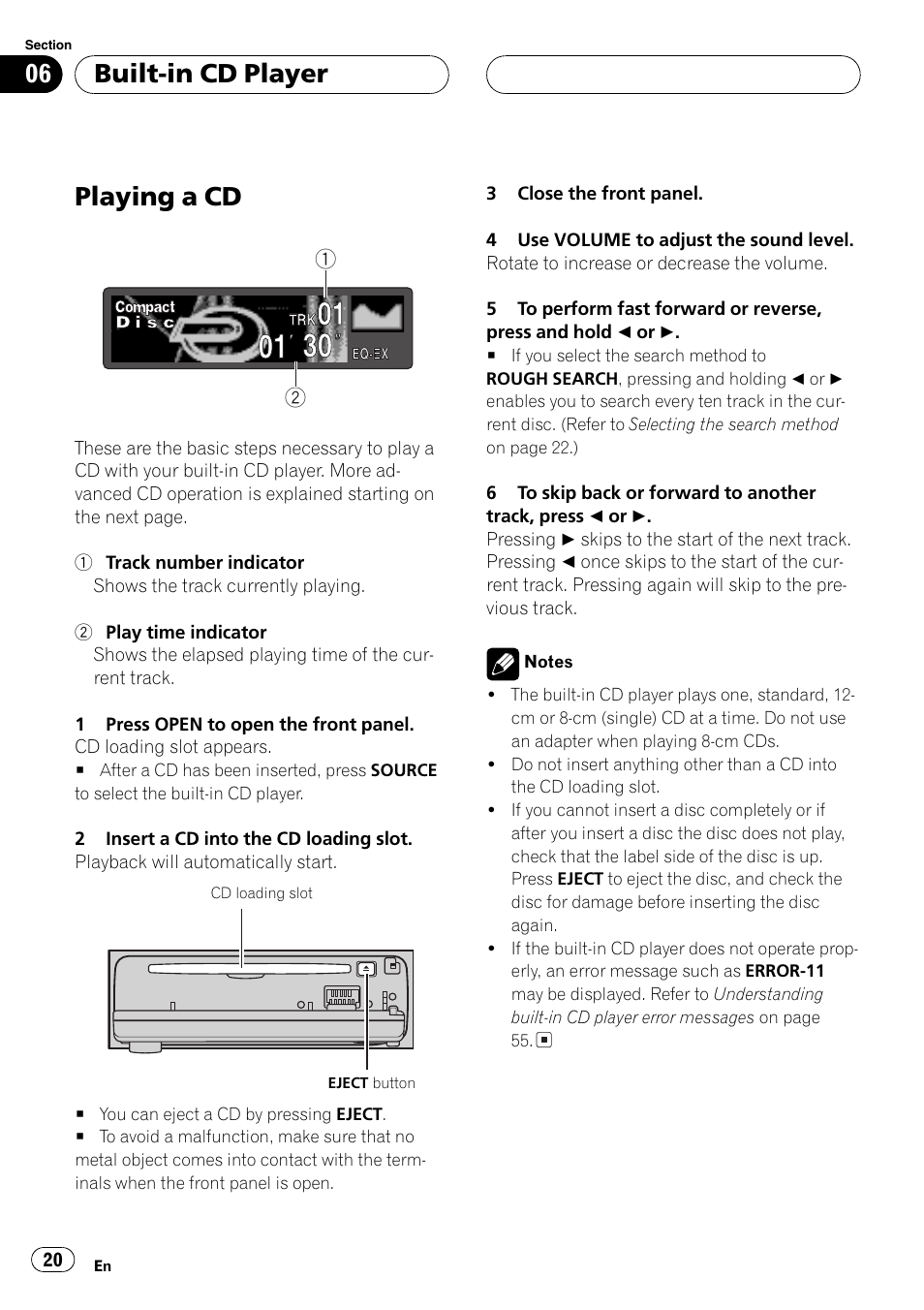 Built-in cdplayer playing a cd 20, Playing a cd, Built-in cd player | Pioneer DEH-P7500MP User Manual | Page 20 / 128