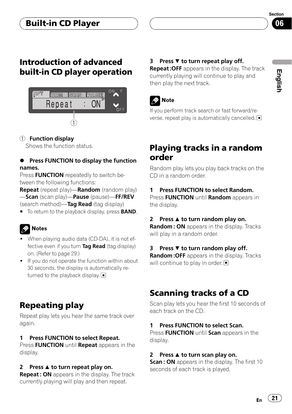 Introduction of advanced built-in cd player, Operation 21, Repeating play | Playing tracks in a random order, Scanning tracks of a cd, Built-in cd player | Pioneer DEH-P7500MP User Manual | Page 21 / 128