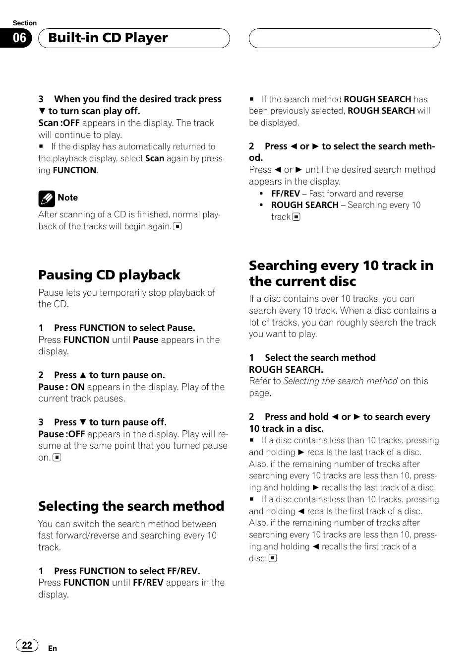 Disc 22, Pausing cd playback, Selecting the search method | Searching every 10 track in the current disc, Built-in cd player | Pioneer DEH-P7500MP User Manual | Page 22 / 128