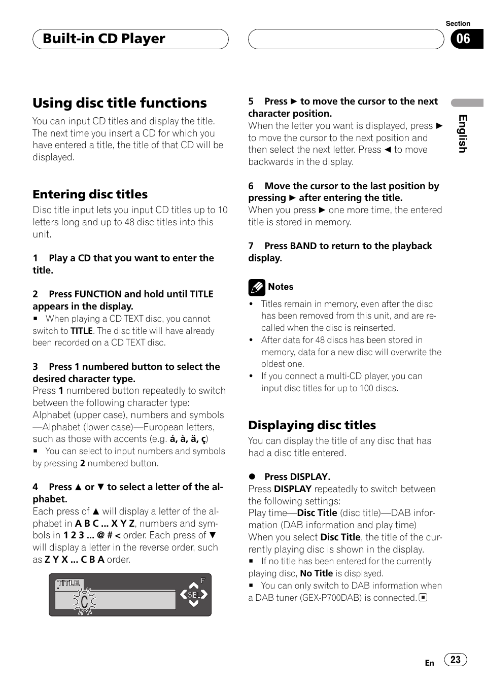 Using disc title functions 23, Entering disc titles 23, Displaying disc titles 23 | Using disc title functions, Built-in cd player, Entering disc titles, Displaying disc titles | Pioneer DEH-P7500MP User Manual | Page 23 / 128