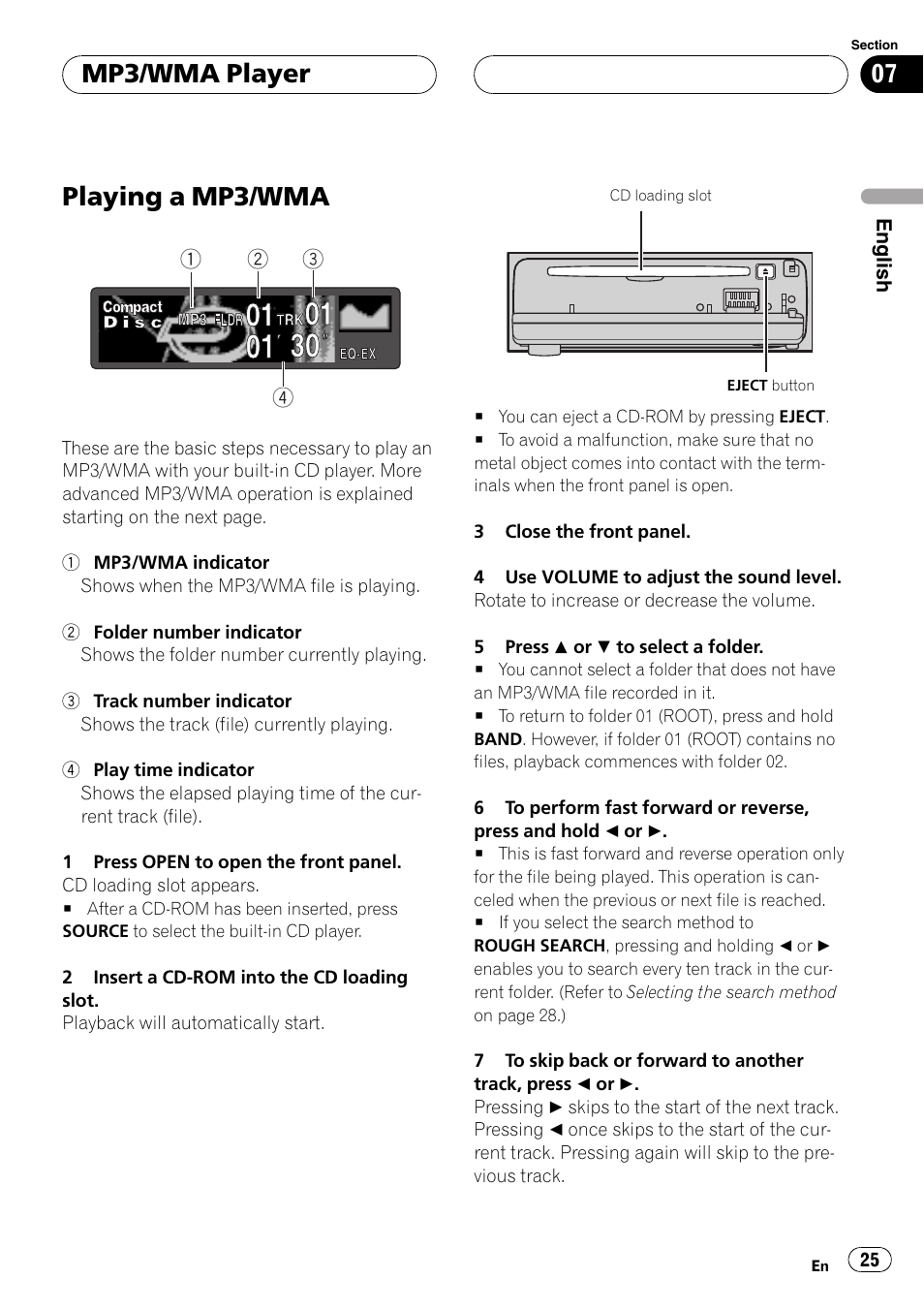 Mp3/wma player playing a mp3/wma 25, Playing a mp3/wma, Mp3/wma player | Pioneer DEH-P7500MP User Manual | Page 25 / 128