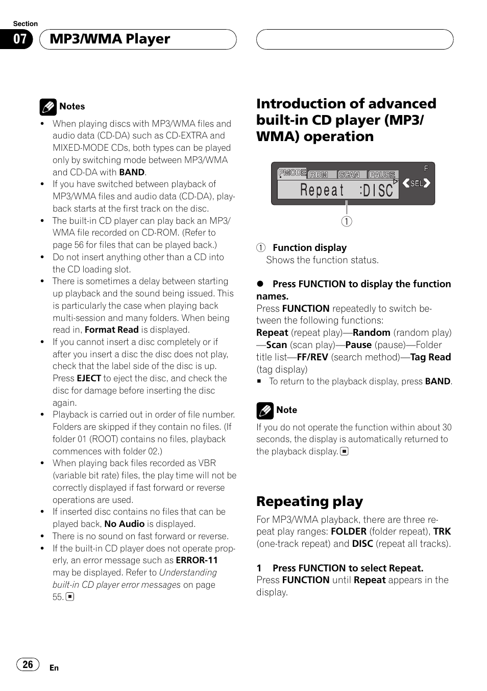 Introduction of advanced built-in cd player, Mp3/wma) operation 26, Repeating play 26 | Repeating play, Mp3/wma player | Pioneer DEH-P7500MP User Manual | Page 26 / 128