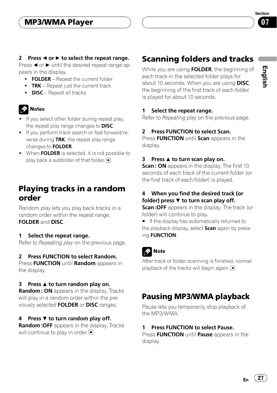 Playing tracks in a random order, Scanning folders and tracks, Pausing mp3/wma playback | Mp3/wma player | Pioneer DEH-P7500MP User Manual | Page 27 / 128