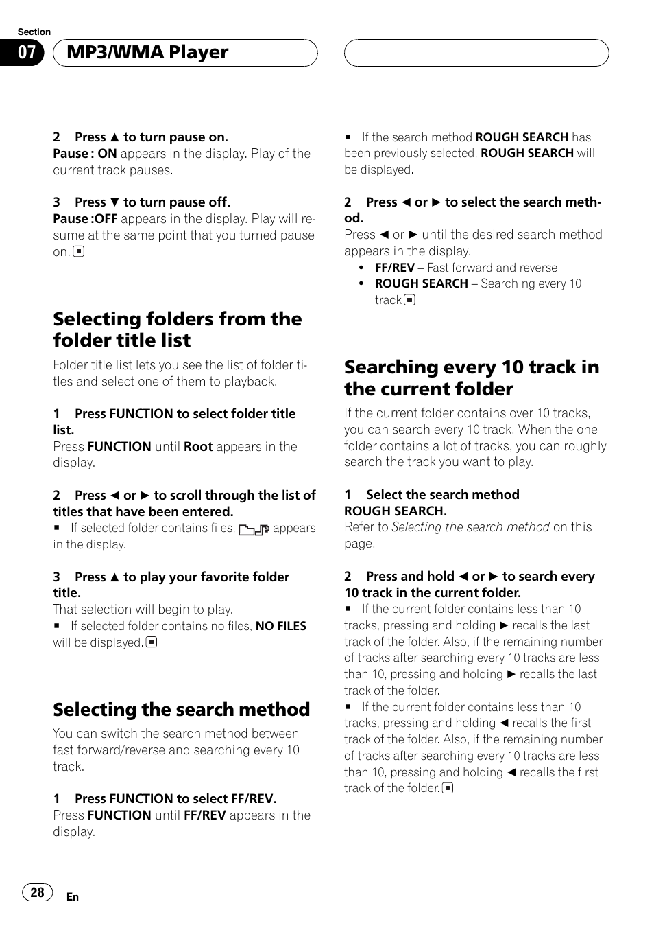 Folder 28, Selecting folders from the folder title list, Selecting the search method | Searching every 10 track in the current folder, Mp3/wma player | Pioneer DEH-P7500MP User Manual | Page 28 / 128