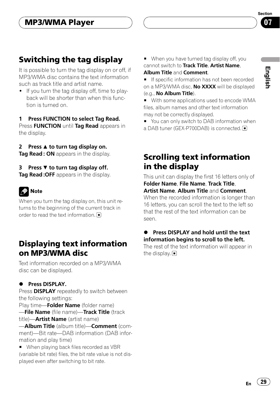 Disc 29, Scrolling text information in the display 29, Switching the tag display | Displaying text information on mp3/wma disc, Scrolling text information in the display, Mp3/wma player | Pioneer DEH-P7500MP User Manual | Page 29 / 128