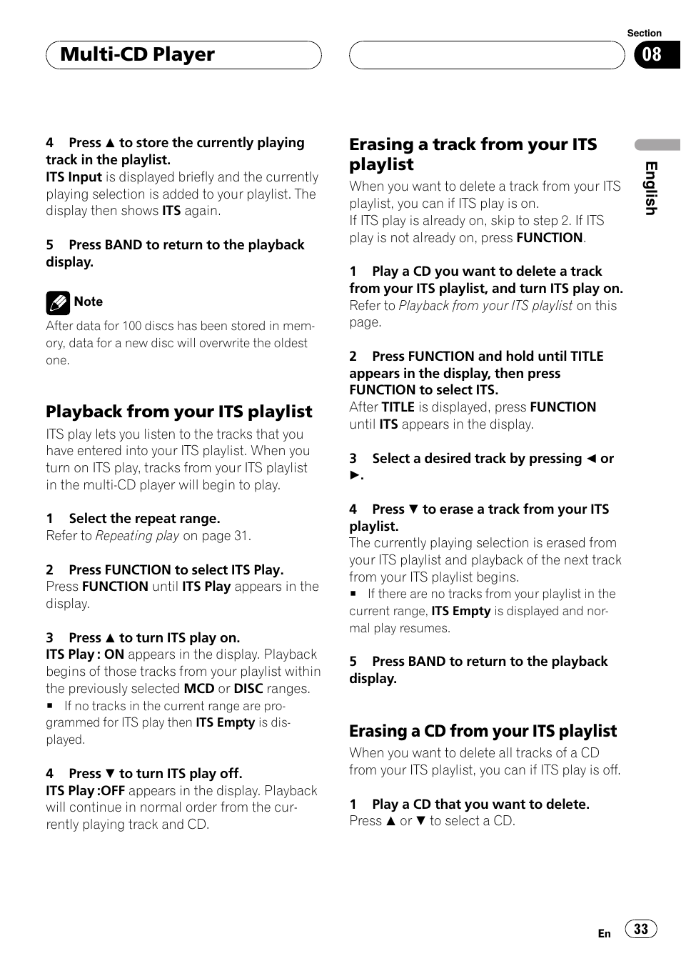 Playback from your its playlist 33, Erasing a track from your its, Playlist 33 | Erasing a cd from your its, Multi-cd player, Playback from your its playlist, Erasing a track from your its playlist, Erasing a cd from your its playlist | Pioneer DEH-P7500MP User Manual | Page 33 / 128