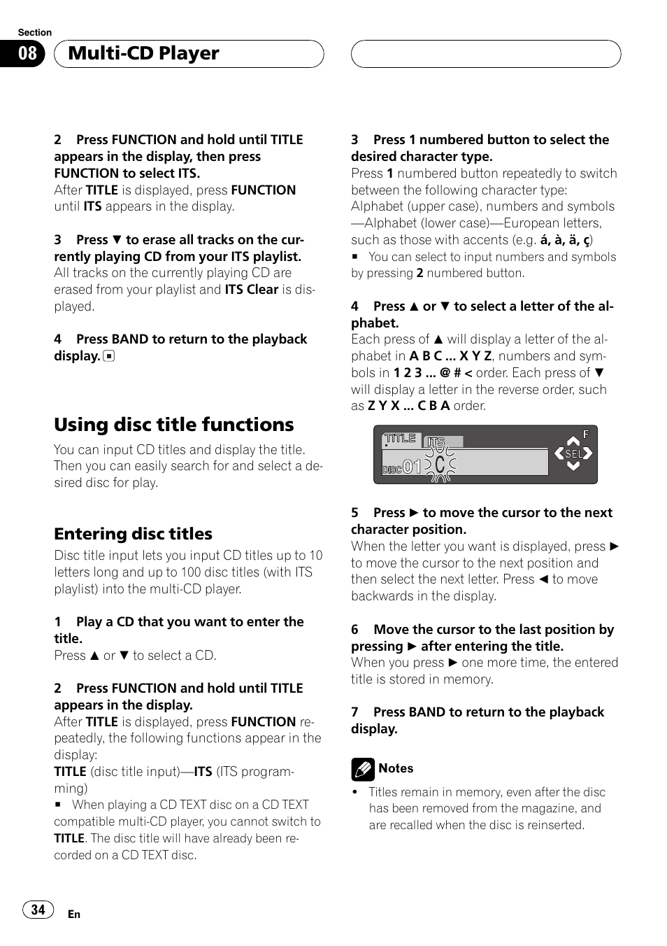 Using disc title functions 34, Entering disc titles 34, Using disc title functions | Multi-cd player, Entering disc titles | Pioneer DEH-P7500MP User Manual | Page 34 / 128