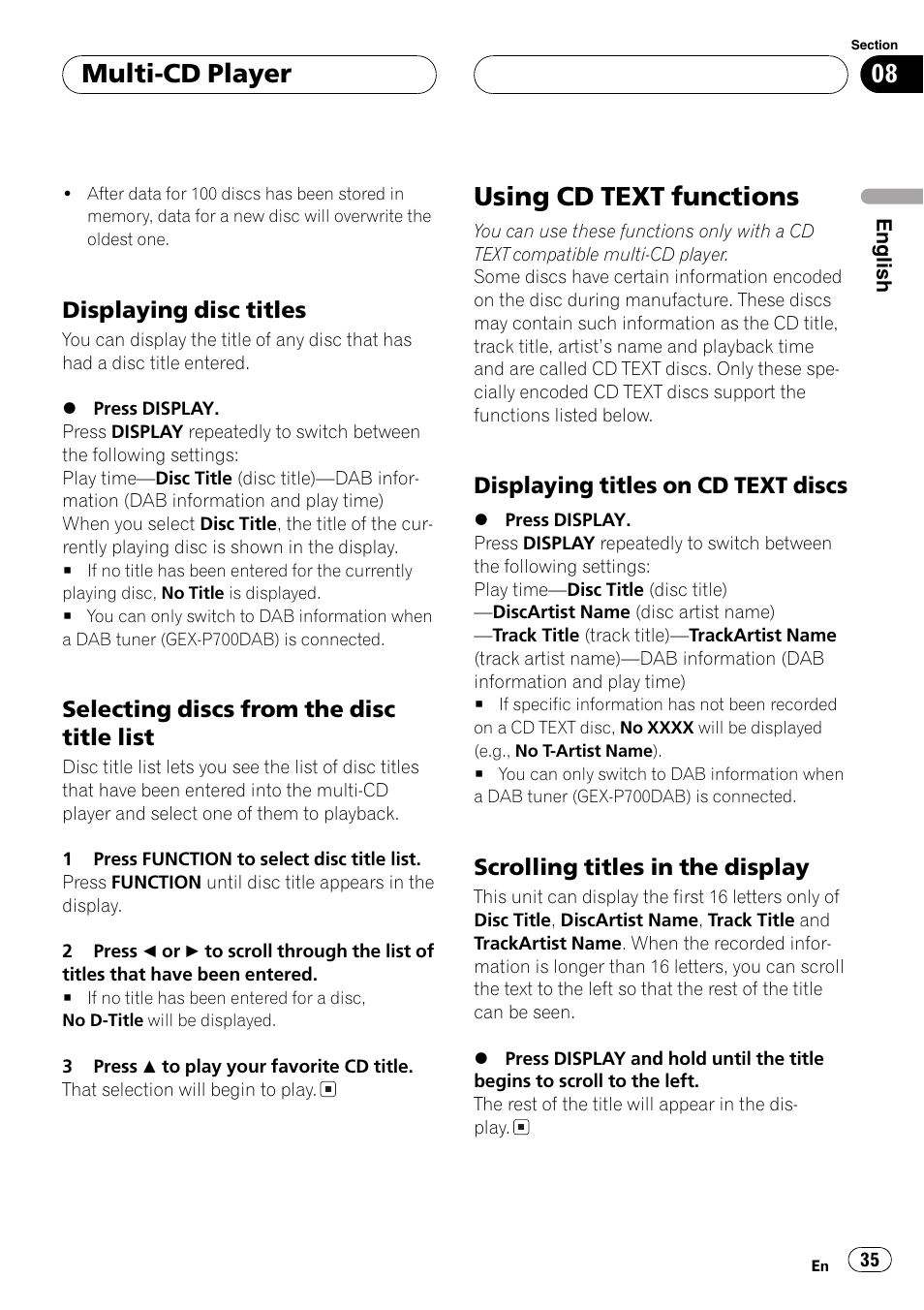 Displaying disc titles 35, Selecting discs from the disc title, List 35 | Using cd text functions 35, Displaying titles on cd text, Discs 35, Scrolling titles in the display 35, Using cd text functions, Multi-cd player, Displaying disc titles | Pioneer DEH-P7500MP User Manual | Page 35 / 128