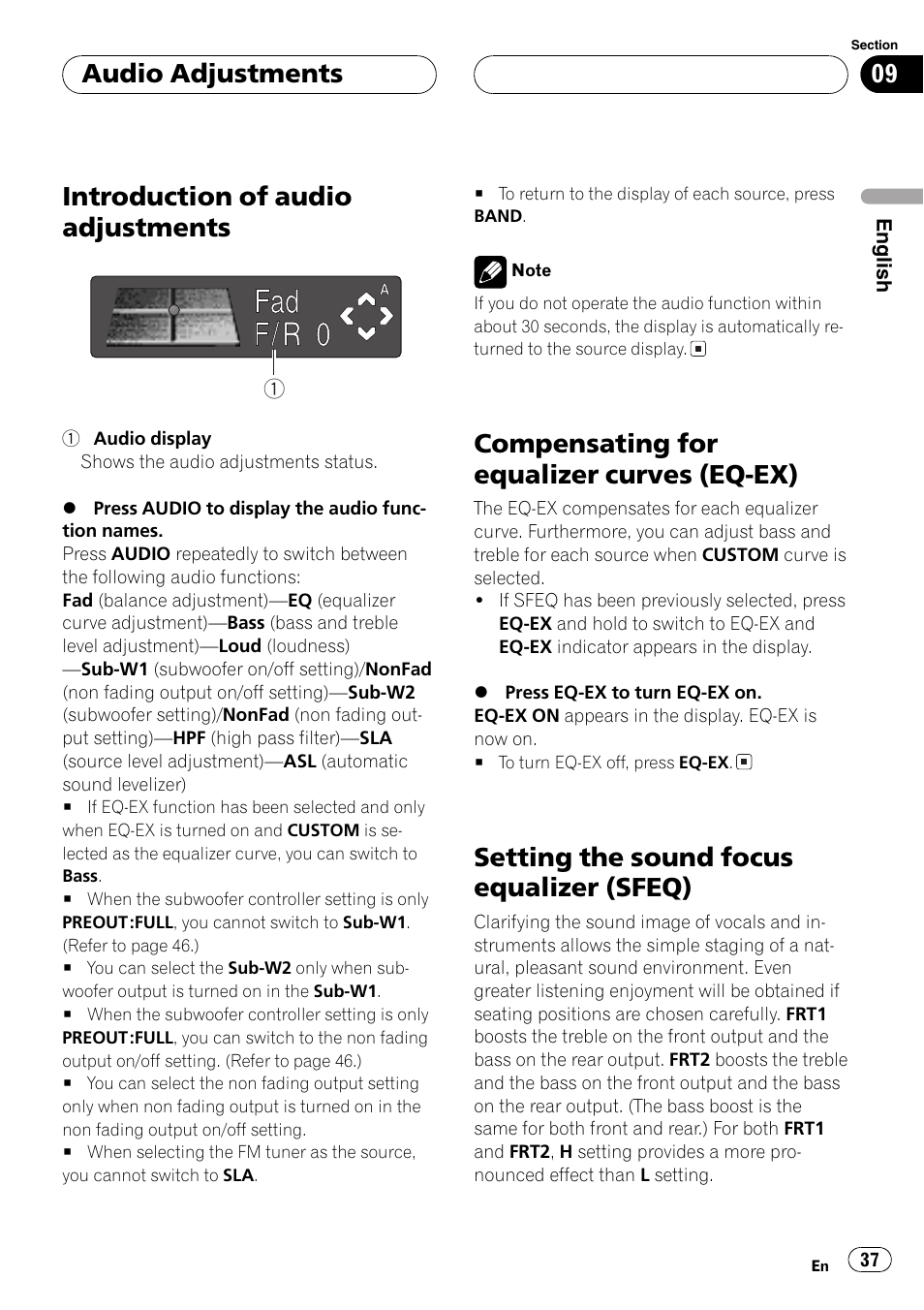 Ex) 37, Setting the sound focus equalizer, Sfeq) 37 | Introduction of audio adjustments, Compensating for equalizer curves (eq-ex), Setting the sound focus equalizer (sfeq), Audio adjustments | Pioneer DEH-P7500MP User Manual | Page 37 / 128